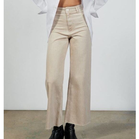 ZARA The Marine Straight Wide Leg Jean Beige High Rise Frayed Hem Women's 4 - Picture 3 of 11